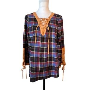 Entro Flannel Plaid Lace Up Detail Tunic Faux‎ Suede Corset Neckline Sleeves Top